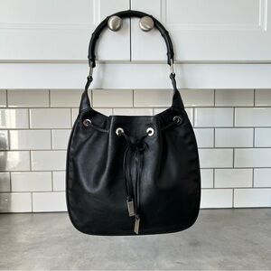 GUCCI Leather Drawstring Bamboo Handle Shoulder Bag